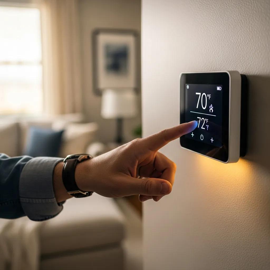 Hands adjusting a digital thermostat to restore proper heating settings in a home