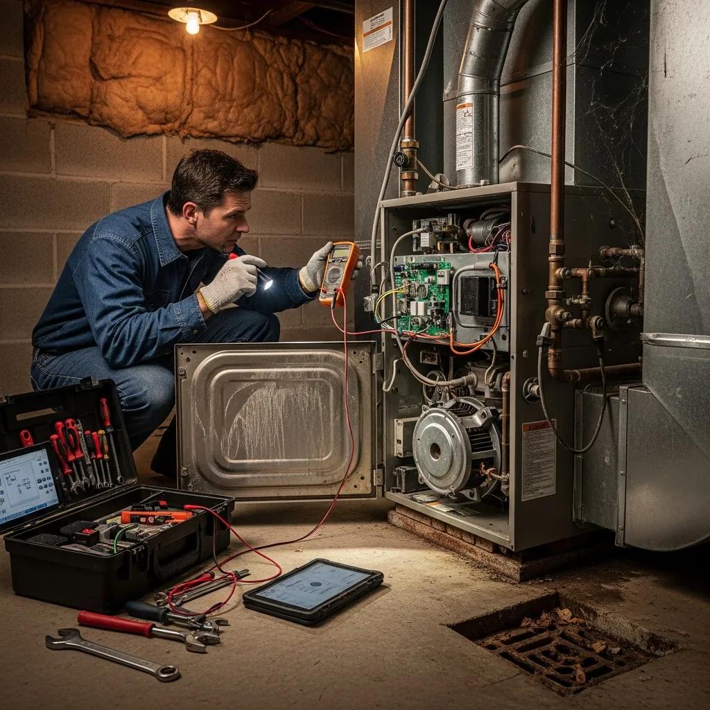 HVAC technician inspecting a furnace to diagnose heating problems in a home