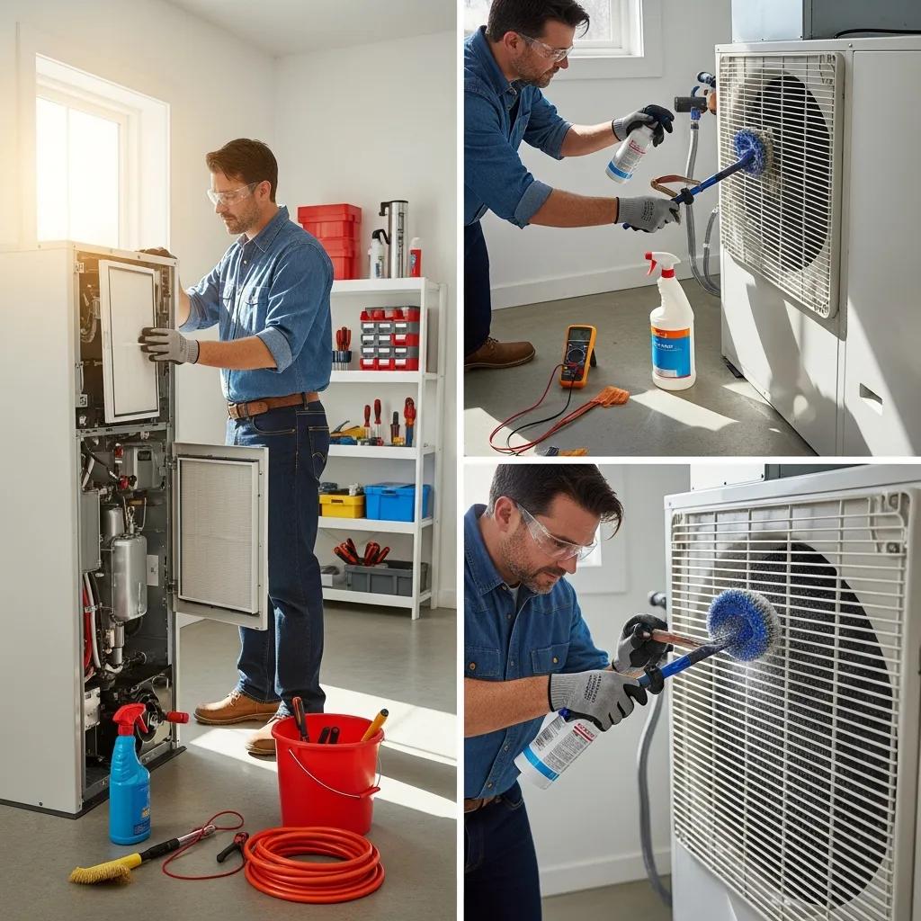Homeowner cleaning air filter and clearing debris around outdoor heat pump unit