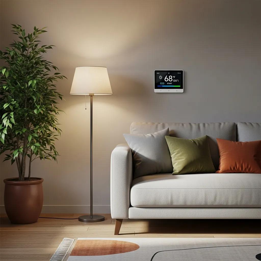 Wall-mounted smart thermostat showing energy-saving schedule in a living room