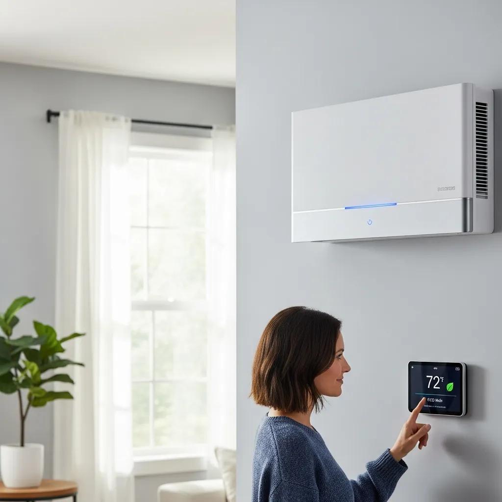 Ductless HVAC system in a modern home with family member adjusting thermostat