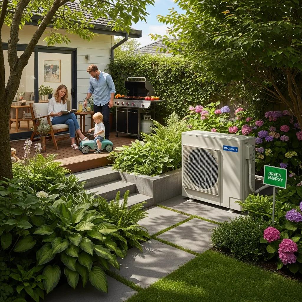 Heat pump unit in a residential backyard promoting energy efficiency