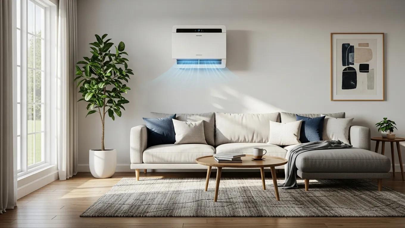 Ductless mini-split HVAC system in a modern living room, showcasing energy efficiency and comfort